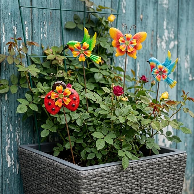 HUTHDAK 4 Pack Metal Animal Decorative Garden Stakes,Colorful Spring Outdoor Pinwheels,Cute Ladybugs Butterfly&Hummingbird Wind Spinners for Yard Art Outdoor Lawn Porch Pathway Decorations
