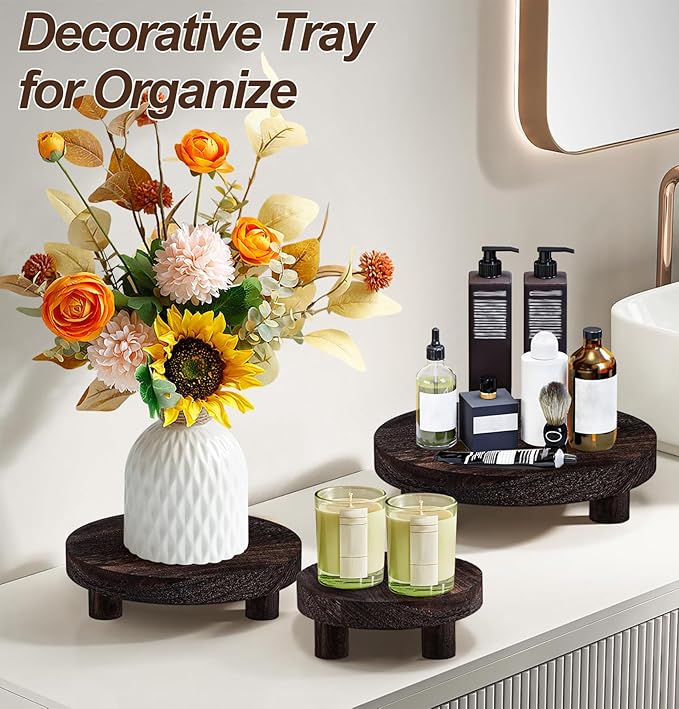 3 Pcs Wooden Risers for Display, Round Wood Riser Plant Stand 5/6/8" Pedestal Stand, Flower Pot Holder Small Planter Tray for Kitchen Home Décor (Rustic Brown)