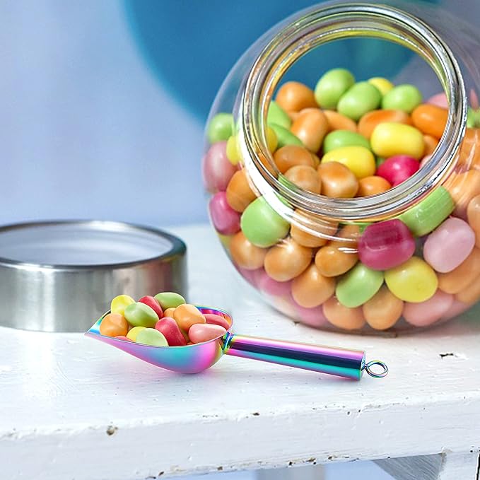 Mini Ice Scoop Set of 2, E-far 3 Ounce Rainbow Stainless Steel Scoops for Candy/Flour/Sugar, Small Metal Scoops for Party/Canisters Jars/Kitchen Bar/Ice Maker, Rust Proof & Dishwasher Safe
