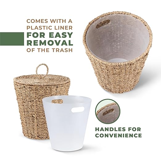 84ECO 3 Gallons Seagrass Waste Basket with Lid and Liner - Wicker Trash Can
