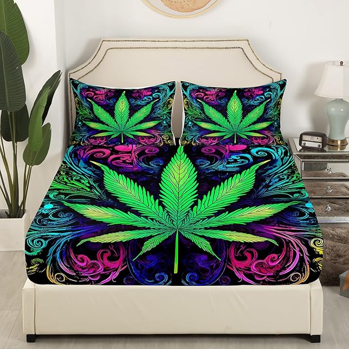 Feelyou Kid's Bed Sheet Set Twin Marijuana Sheets Set Cannabis Weed Leaf Bedding Set for Boys Girls Teens Bedroom Decor Ultra Soft Microfiber Trippy Colorful Fitted Sheet + Flat Sheet + Pillow Case