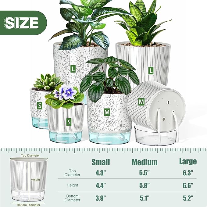 Self Watering Pots for Indoor Plants, 4/5.5/6.3 Inch Plant Pots Indoor Outdoor with Drainage Holes, Deep Reservoir, Plastic Self Watering Flower Pots