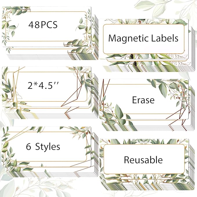 Kanayu 48 Pcs Eucalyptus Magnetic Dry Erase Labels Reusable Name Tag Plate Flexible Magnetic Label Sticker Blank Writable Card for Whiteboard Classroom Home Office Fridge (Classic,1.97 x 4.53 Inch)