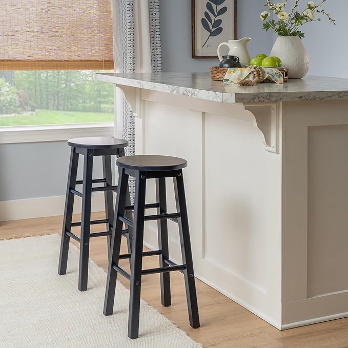 Linon Zeke Navy Blue Solid Wood Backless Round Barstool with 29 inch Seat Height