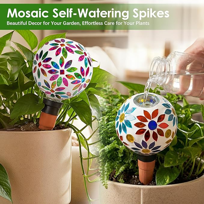 Terracotta Watering Spikes Mosaic Watering Globes for Outdoor Plants 2 Pack Automatic Plant Waterer Watering Devices Water Bulbs