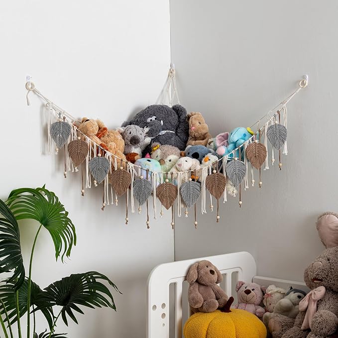 Pretty Jolly Macrame Stuffed Animal Hammock with Beads Hand Woven Leaf Tassels Corner Hanging Net Boho Plush Holder for Tosy Kid Room Nursery Decor Organizer for Girls Gift(Sage Green&Avocado Green)