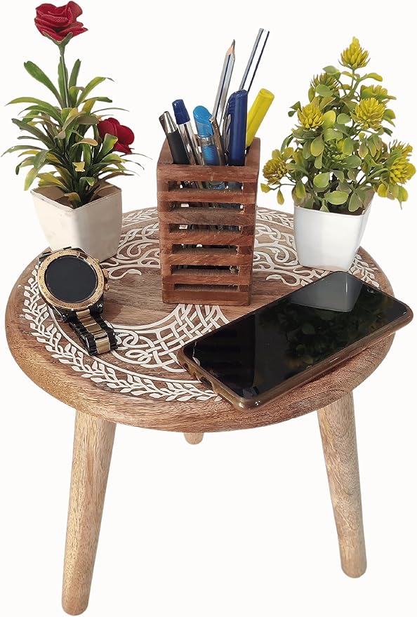 VANIYA CRAFTS® Wooden Engraved Fold-able Side Table/End Table/Plant Stand/Stool for Living Room Bedroom Restaurant Kids Play Furniture Table Round Shape (Natural White 4)