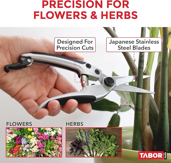 TABOR TOOLS K18A Straight Pruning Shears, Florist Scissors, Multi-Tasking Garden Snips for Arranging Flowers, Trimming Plants and Harvesting Herbs, Fruits or Vegetables (Japanese Style Blades)