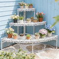 3-Tier Vintage Corner Plant Stand for Indoor Outdoor Distressed Metal Flower Pot Holder Shelves with Ornate Cutout Edges Multi-Level Planter Rack Display Corner Shelf Antique Tall Plant Shelf for Patio Porch Garden Balcony Living Room (White)