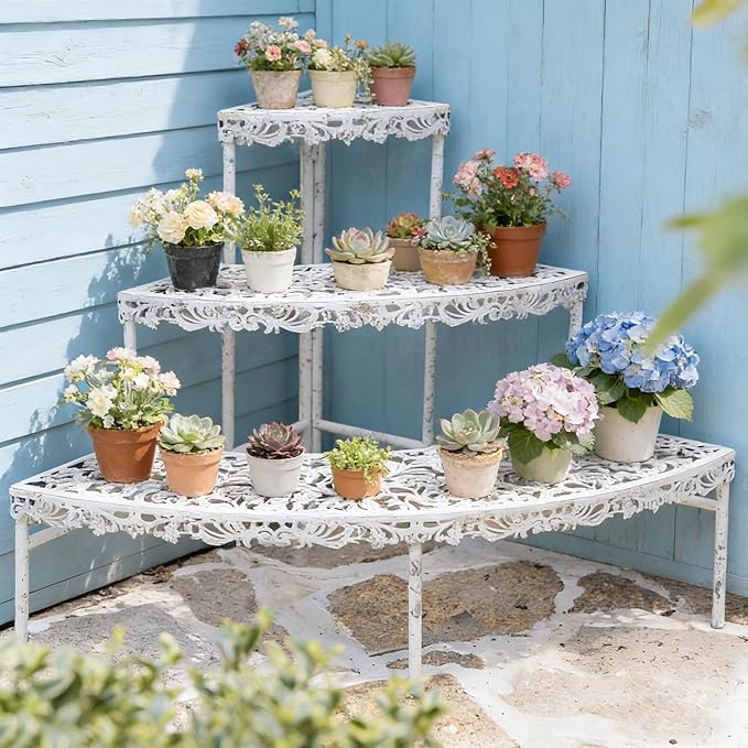 3-Tier Vintage Corner Plant Stand for Indoor Outdoor Distressed Metal Flower Pot Holder Shelves with Ornate Cutout Edges Multi-Level Planter Rack Display Corner Shelf Antique Tall Plant Shelf for Patio Porch Garden Balcony Living Room (White)