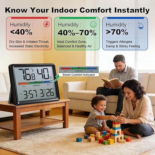 Digital Hygrometer Indoor Thermometer, Clock with Temp & Humidity, Temp Gauge with Comfort Indicator, Wall/Magnetic/Desk Alarm Clock for Bedroom, Baby Room, Office, Kitchen, Garage (Black)