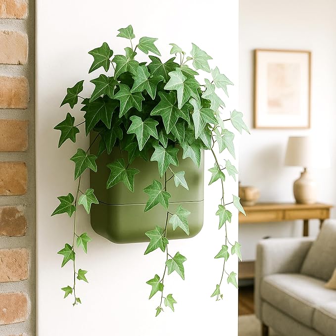 Phoenix Vine 6.5 Inch Wall Mounted Self-Watering Planter Pot for Indoor Houseplants and Herbs | Hanging Planter for Window Sills, Bathroom Walls, Home & Office Décor, Olive, Set of 2, 01-C-F-2