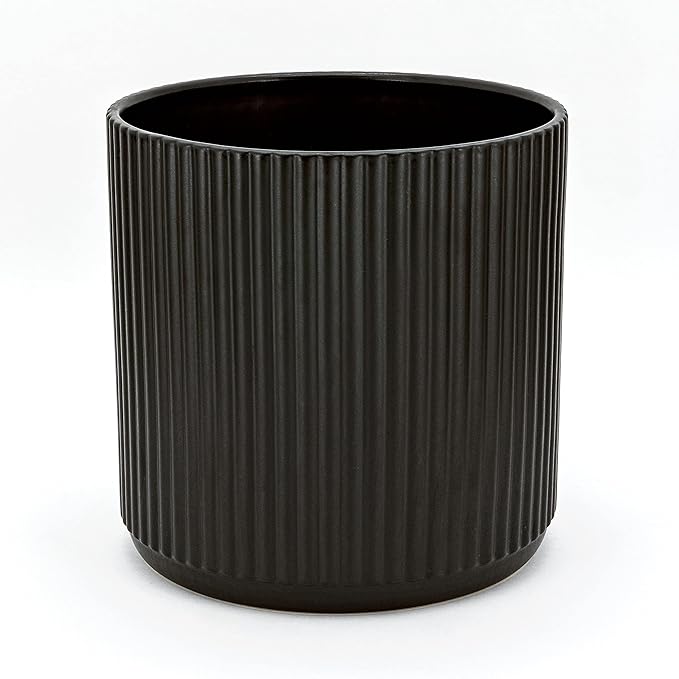 Amazon Basics Fluted Ceramic Round Planter with Drainage Hole, 10-inch, Black, Indoor Outdoor, Flower Pot