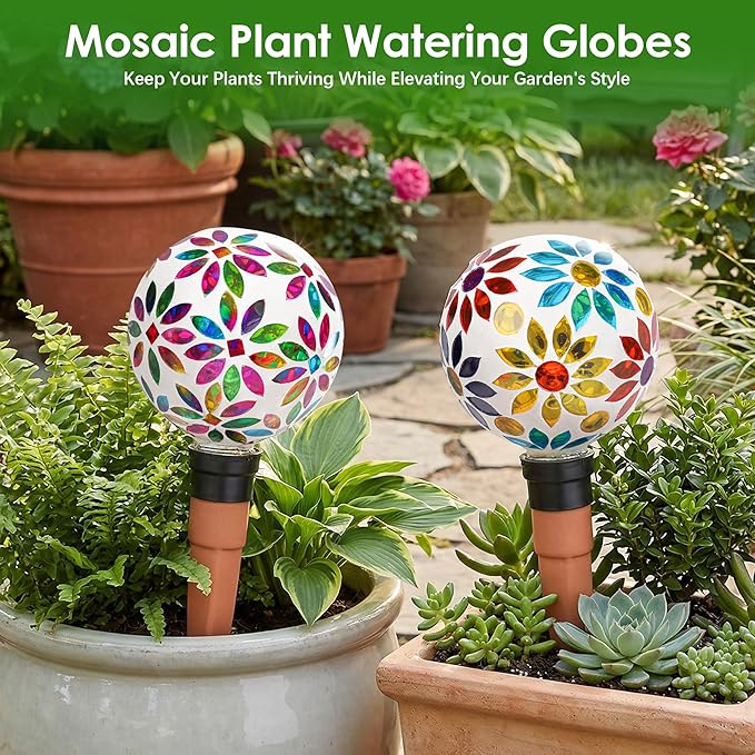 Terracotta Watering Spikes Mosaic Watering Globes for Outdoor Plants 2 Pack Automatic Plant Waterer Watering Devices Water Bulbs