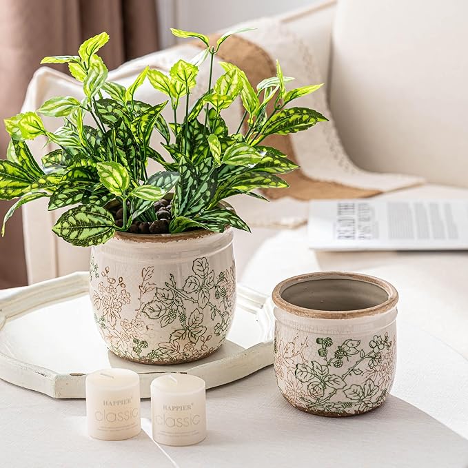 SURE YUESI Set of 2 Ceramic Planters 4.7” & 5.7”, Vintage Indoor Plant Pots Without Drainage Hole, Pastoral Rustic Decorative Planters for Flowers & Home Decor