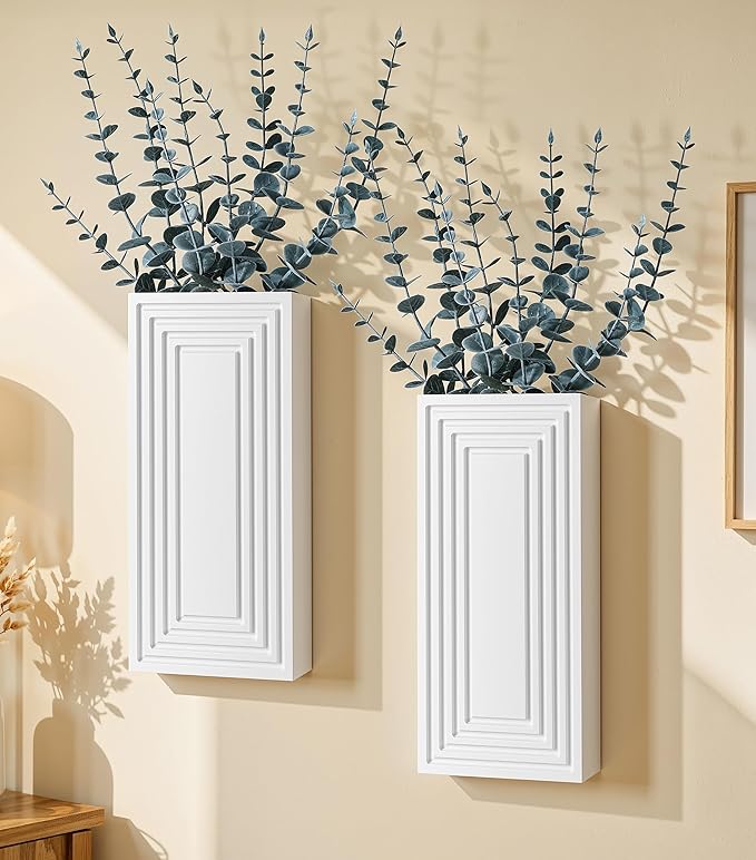 Wooden Wall Planter Vase, 2 Pack White Wood Hanging Vases with Fake Eucalyptus for Indoor Modern Boho Farmhouse Wall Art Decor for Home Indoor Kitchen Modern Farmhouse Bathroom