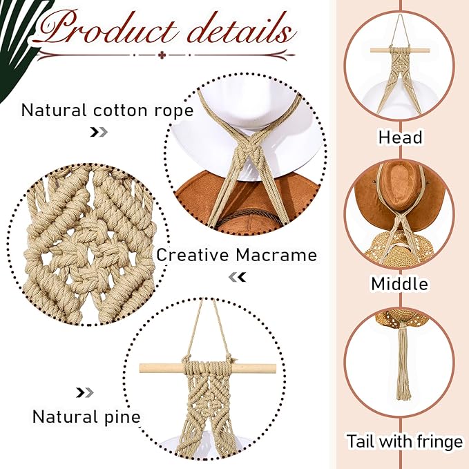 Yulejo Macrame Hat Hangers Boho Hat Rack Cowboy Hat Hanger Back of Door Hat Organizer (Beige,Two Hats Style)