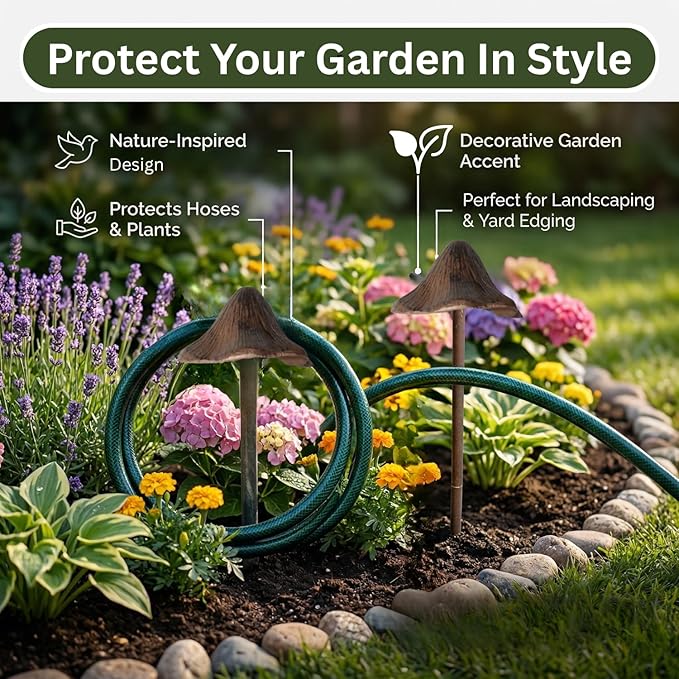 Carvers Olde Iron Decorative Garden Hose Guide Stake – 19" Solid Aluminum Heavy Duty Hose Protector for Landscaping, Flower Beds & Yard Edging - Mushroom