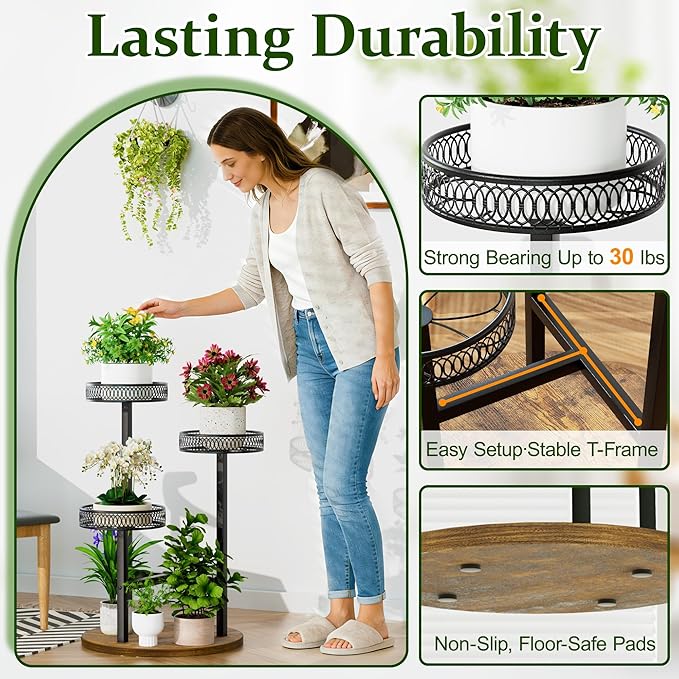 Black Stand Plants, 3-Tier Metal Plant Stands for Outdoor Indoor Plants,Heavy Duty Flower Pot Stands for Multiple Plants,Decoration Display Racks for Patio Garden -BlackFlower