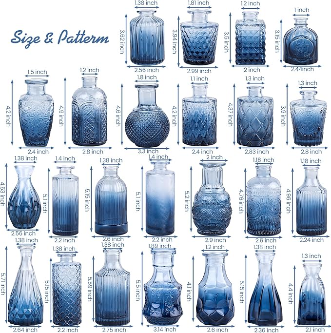 TBWIND 24Pcs Blue Glass Bud Vases Set, Small Vases for Flowers, Perfect for Centerpieces at Parties, Baby Showers, Weddings, Events, Graduation Season, Great Gifts for Office & Home Décor