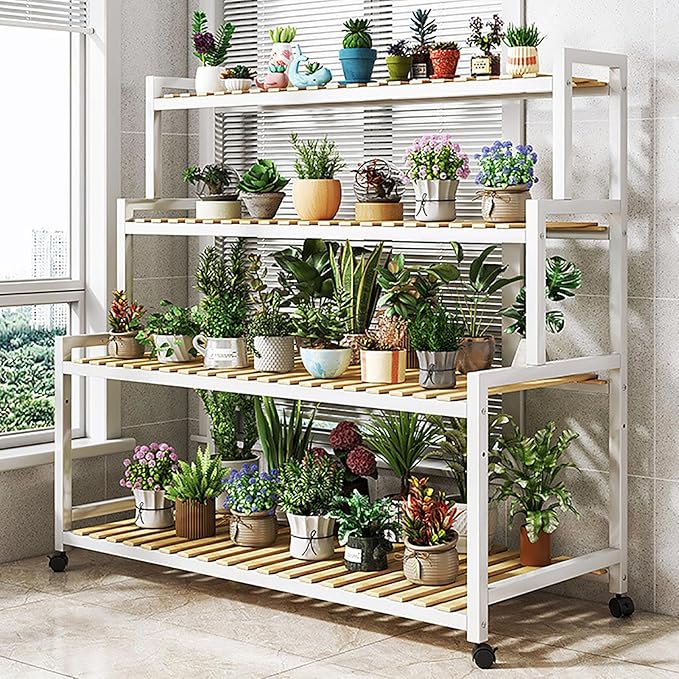 Multi-Tier Metal Plant Stand with 4 Bamboo Shelves - Stylish Indoor Succulent Display Rack, Space-Saving Ladder Design for Home Decor, Plant Organizer, Modern Plant Shelf