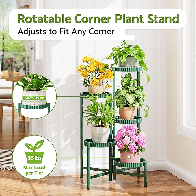 5 Tier Large Plant Stand Indoor, 7.9 Inch Wide Corner Tall Metal Plant Stands Outdoor for Multiple Plants, Folding Tiered Flower Display Holder Rack Shelf -GreenFloroma