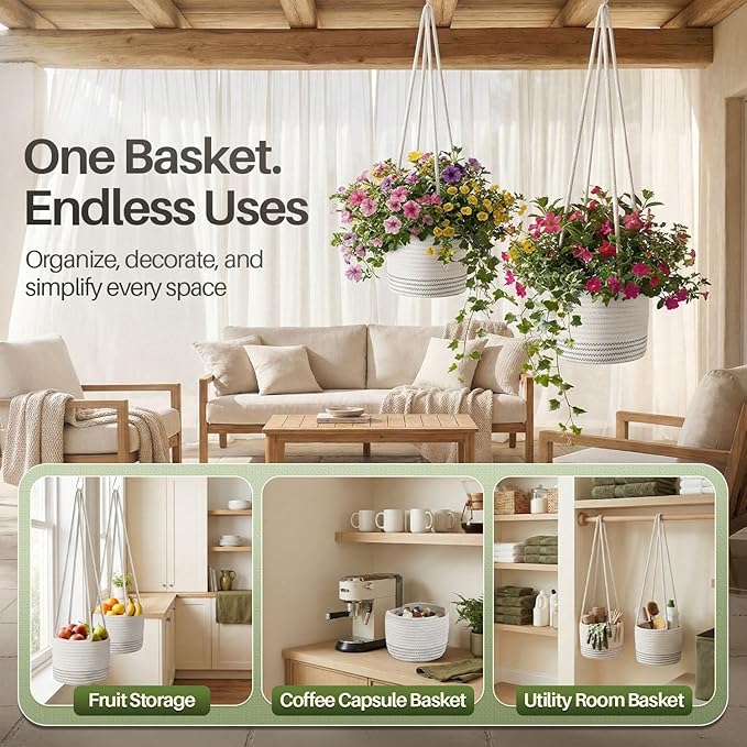 Flexzion Macrame Plant Hanger Basket for Indoor Plants - 8 Inch Jute Rope Planter Pot Cover, Woven Hanging Plant Holder Up to 7 Inch Pots, Boho Hanging Planters Home Decor Storage Organizer (White)