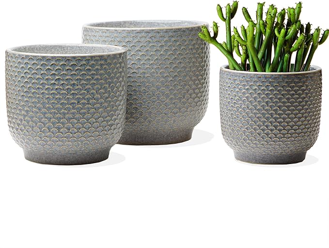 4 + 5 + 6 Inch Ceramic Pots for Indoor Plants, Succulents Plant Pots, Orchid Flower Pot with Drainage Hole, Modern Clay Stoneware Planters, Set of 3 (Reactive Glaze Grey Blue, 4 + 5 + 6 Inch）