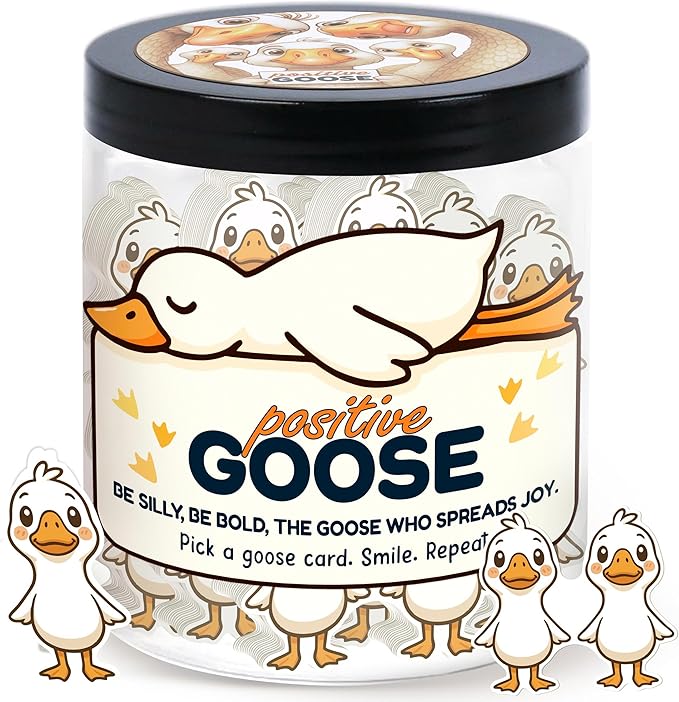 Positive Goose Jar with 60 Affirmation Cards, Emotional Support Goose Decor, Silly Desk Present for Goose Lovers, Mental Health Motivation Jar for Women and Teens, Funny Gag Gift Idea