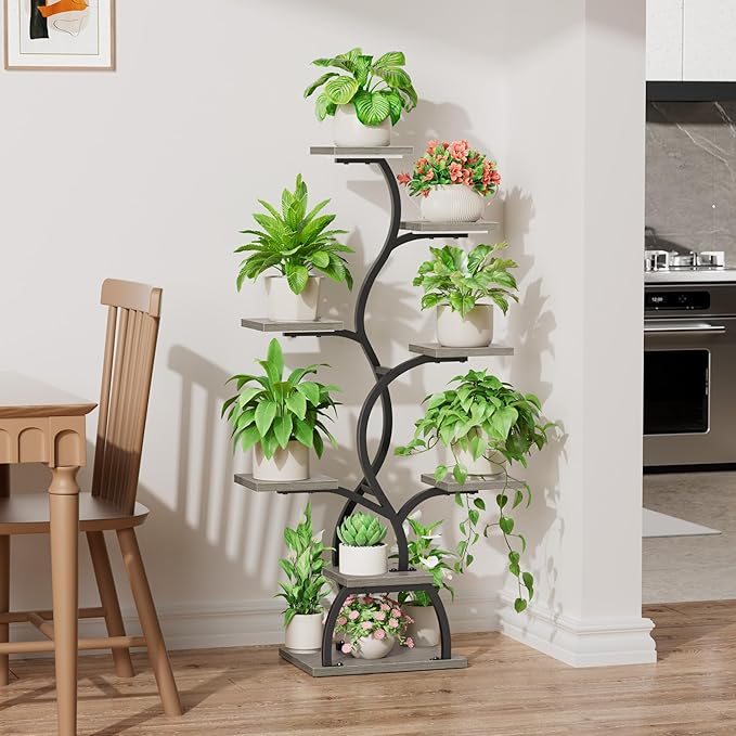 EVAWOO Plant Stand Indoor with Grow Light - 8 Tiered Plant Shelf Indoor, Corner Plant Stand, 49" Tall Plant Shelf with Lights for Indoor Growing, Lighted Flower Holder for Living Room, Balcony (Gray)