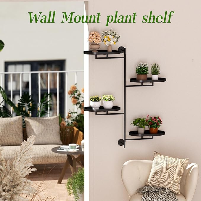 YQSLYSF Window Rotating Plant Stand Shelf Indoor Black Metal Floating Shelves 4-Tier Wall Mount Plant hanger Holders for Wall Planter Modern Home Decor window sill gifts
