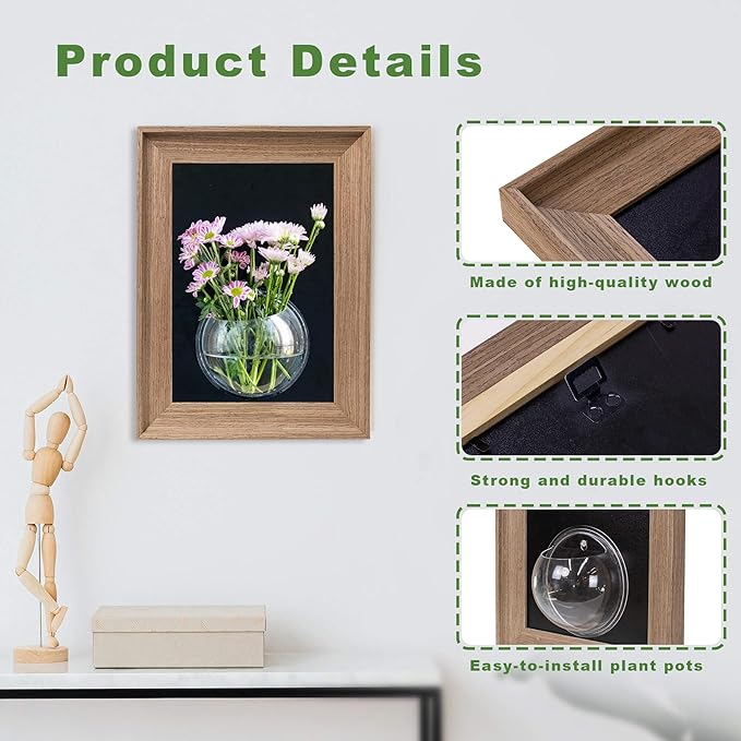 Walnut Wood Frame Wall Planter for Hydroponic Plants, 12" x 16" Wall Vase with Oblate Acrylic Propagation Station, Set of 3, Decorative Wall Hanging for Bathroom, Office & Living Room