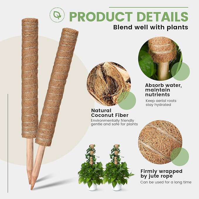 Yinder 50 Pcs Moss Pole for Plants Monstera Plant Support 16.5 Inch Coir Poles Bendable Monstera Plant Support with 10 Pcs 6.56 Feet Jute Rope and 2 Pcs 6.56 ft Garden Tape for Climbing Plants Growth