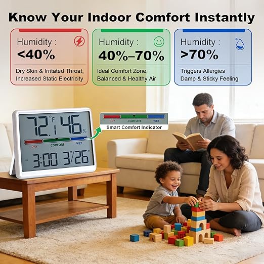 Digital Hygrometer Indoor Thermometer, Clock with Temp & Humidity, Temp Gauge with Comfort Indicator, Wall/Magnetic/Desk Alarm Clock for Bedroom, Baby Room, Office, Kitchen, Garage (White)