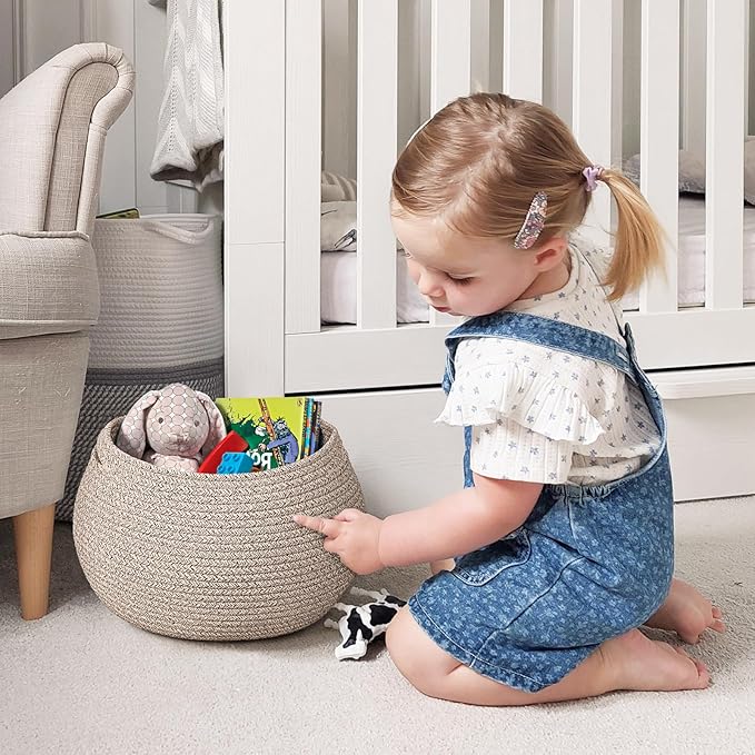 Goodpick Baby Basket for Nursery, Woven Basket for Home Décor, Round Wicker Baskets for Toy Storage, Diaper Caddy Organizer for Nursery Playroom, Jute, 10"D x 8.3"H
