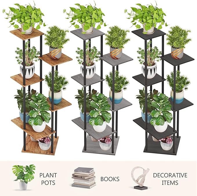 Tall Plant Stand Indoor, 6-Tier Modern Plant Shelf for Multiple Plants, Wood Metal Flower Holder for Living Room Balcony Bedroom, Oak Grey