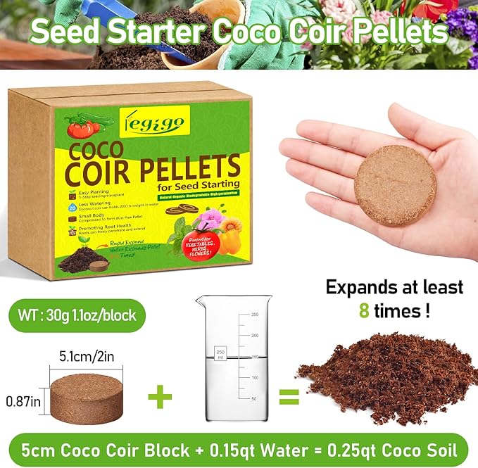 Legigo 100 Pcs 50mm Coco Coir Pellets Seed Starter Soil Mix- Organic Coconut Coir Potting Soil Pods for Seedling, Coco Peat Soil Discs for Indoor & Outdoor Plants Bonsai Herbs Vegetables and Flowers