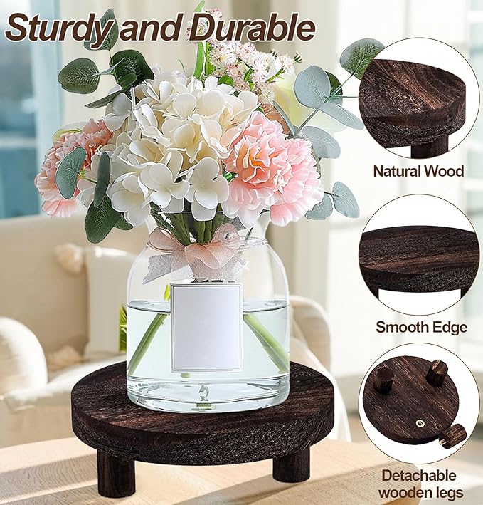 3 Pcs Wooden Risers for Display, Round Wood Riser Plant Stand 5/6/8" Pedestal Stand, Flower Pot Holder Small Planter Tray for Kitchen Home Décor (Rustic Brown)
