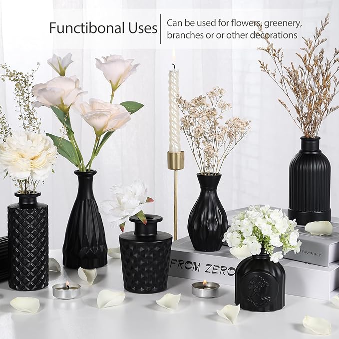 TBWIND 12pcs Glass Black Bud Vases Set, Small Vases for Flowers, Bud Vase for Centerpieces in Bulk, Mini Vintage Vase for Rustic Wedding Decorations, Office and Home Table Flower Décor