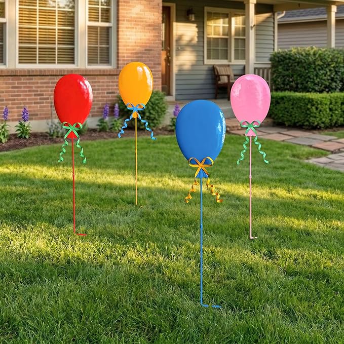32" Decorative Garden Stakes Set of 4, Happy Birthday Yard Stakes, Metal Balloon Yard Art, Rustproof Metal Garden Decor & Yard Decorations Outdoor, Metal Flowers for Outside in 4 Colors