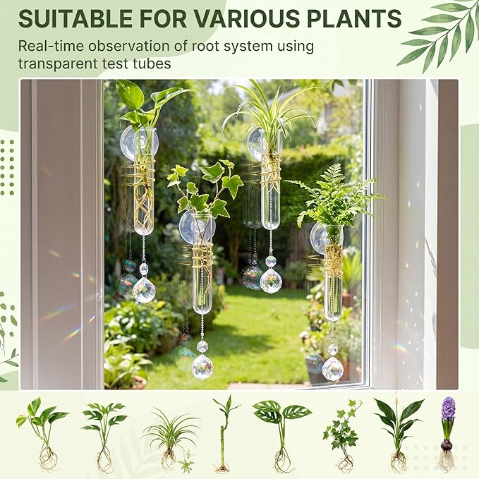 Zhehao 4 Set Window Hanging Propagation Stations 5.9'' Plastic Propagation Vases with Suction Cup & Crystal Pendants, Propagated Plant Holder Wall Jars for Home Office Garden Decoration Lover Gift