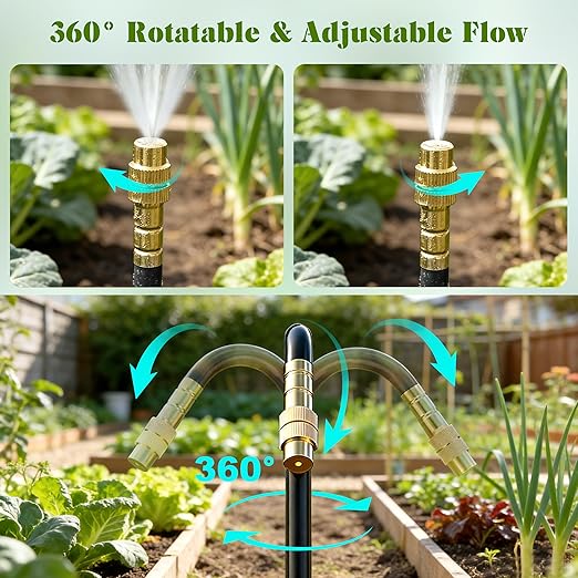 Drip Irrigation System for Garden, Automatic Watering System with Adjustable 360° Copper Spray Nozzles, DIY Drip Irrigation Kit for Yard, Lawn, Greenhouse, Raised Beds & Potted Plants (66FT)