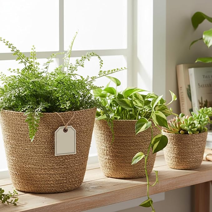 3PCS Woven Planter, Rustic Seagrass Baskets with Liners for Indoor Plants, Natural Rattan Plant Basket for Home Decor (3 Size), Set 1, Decoración del jardín