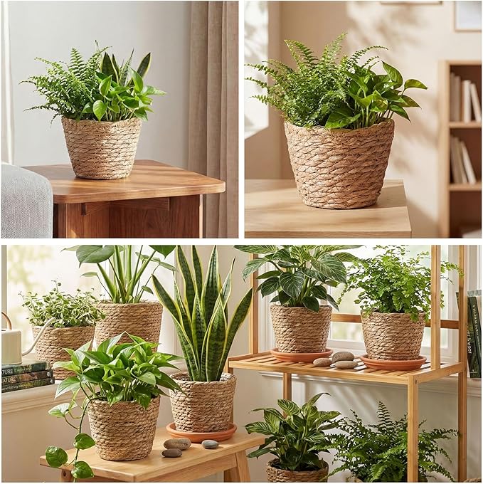 4 Pcs Straw Plant Baskets Indoor Rattan Woven Flower Baskets with Plastic Liner, Cattail Plant Planter for Indoor Outdoor Rustic Boho Home Farmhouse Floor Potted Pots Decor