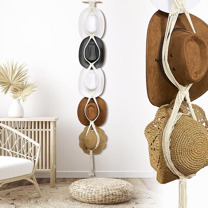 Yulejo Macrame Hat Hangers Boho Hat Rack Cowboy Hat Hanger Back of Door Hat Organizer (White,Five Hats Style)