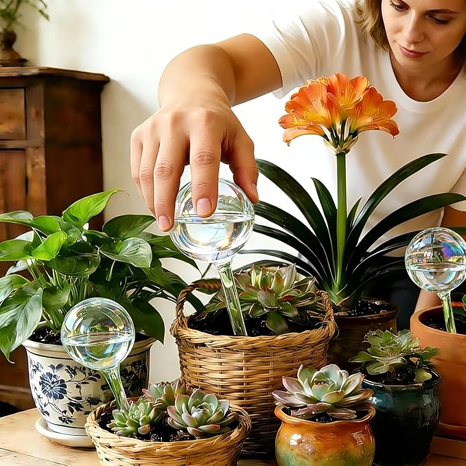 Glass Self-Watering Globes – Rainbow Clear Glass Self Watering Planter Insert for Indoor Outdoor Pot, Plant Watering Device for Vacation Plant Care, Drip Irrigation System, Garden Patio Hanging Plant