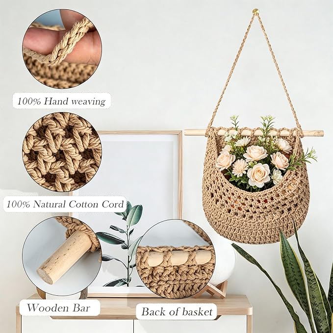 Hanging Fruit Basket Handmade Boho Cotton Rope Wall Hanging Basket Over Door Storage Woven Baskets for Kitchen and Bedroom to Store Any Small Stuffe (1, jute)