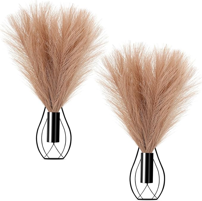 Otoolling 2 Pieces Hanging Plant Wall Decor with Artificial Pampas Grass Metal Hanging Vase Modern Geometric Farmhouse Bohemian Wall Art for Living Room Bedroom Kitchen Office(Black, Light Brown)