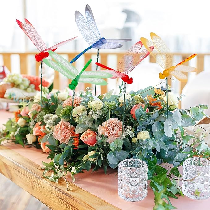 Augshy 50 Pcs Dragonfly Decoration Stakes Garden Dragonfly Artificial Ornaments for Indoor Outdoor Garden Birthday Wedding Party Decor