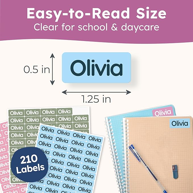 Personalized Name Labels for Kids (210 Labels) - Durable & Waterproof Custom Name Stickers for Clothing Tags, School Supplies, Camp & Daycare - Solid Colors (1.2”x0.5”)